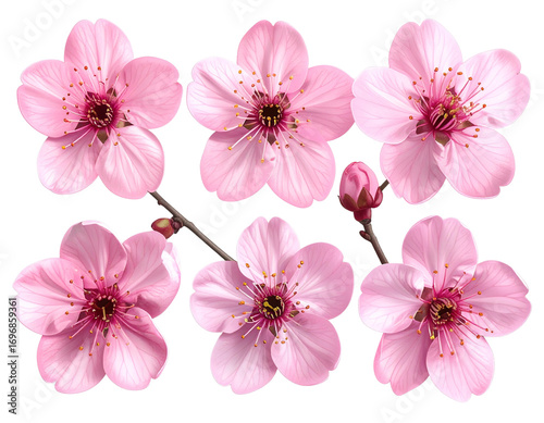 8 pink cherry blossom flowers isolated on a transparent background, PNG file