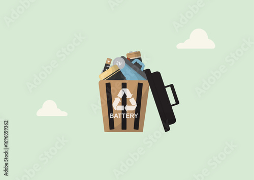Battery Waste Collection Bin. Battery recycling bin. various electronic batteries. Battery and accumulators waste concept. Electronic waste. Flat style. Vector illustration