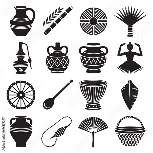 Collection of african cultural artifacts and symbols including pottery musical instruments fans and traditional art forms in black and white