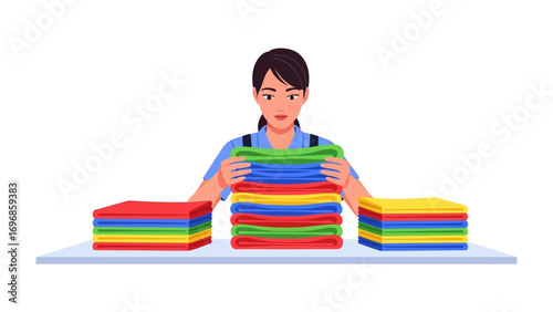 Neat Fold: A woman in blue work uniform, meticulously folds stacks of vividly colored linens with expertise and precision, a symbol of order.
