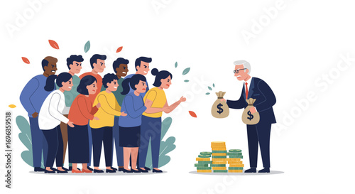 A businessman gives money bags to an angry crowd