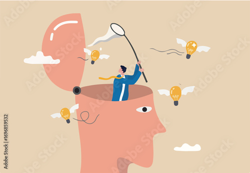 New creative idea thinking process, contemplation or ideation for solution or innovation, development or learn skills concept, businessman open his head to using butterfly net to cat light bulb idea