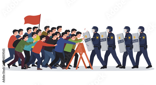 Rioters clash with police holding shields and batons
