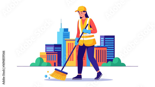 City Cleaner's Dedication: A dedicated individual diligently sweeps the urban environment, embodying the spirit of cleanliness, urban maintenance, community care, and commitment to urban wellness.