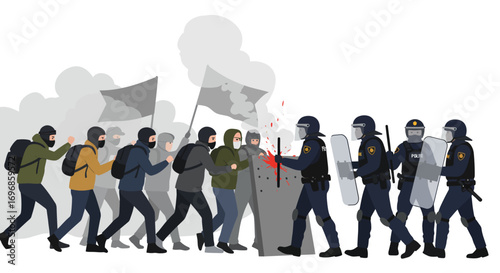 Protesters clash with riot police behind shields and smoke