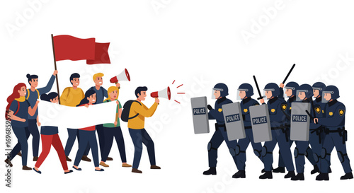 Protestors with signs and megaphones face riot police with shields