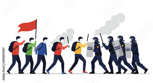 Protestors with a red flag confront riot police with shields and batons