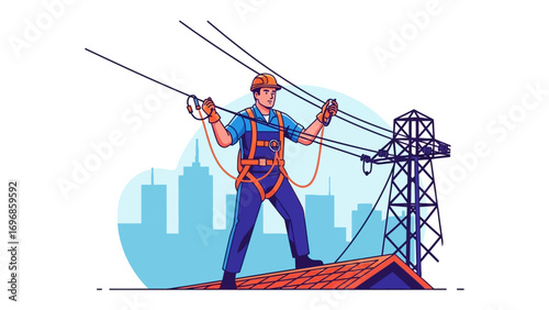 Electrician Working on Wires: A skilled electrician, perched atop a roof, meticulously works on a network of power lines.