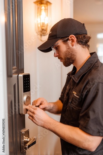A technician is focused on installing a smart lock on a residential door in an indoor setting during the evening. He is using tools for precise adjustments