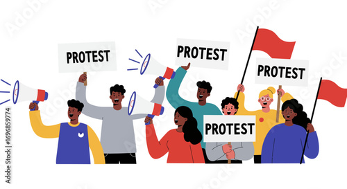 Diverse group of people holding protest signs and flags
