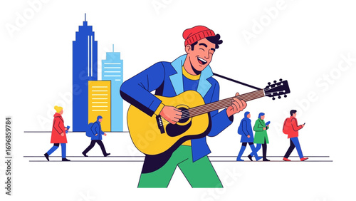 Urban Serenade: A cheerful guitarist serenades city pedestrians with a lively tune, painting a vibrant picture of artistic expression and cultural harmony amidst the architectural backdrop.