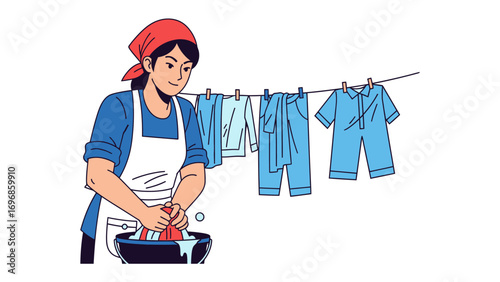 Washing Clothes: A woman in a classic kitchen washing clothes hanging the laundry with clothing on a clothesline. This captures the beauty of routine tasks and domestic life.