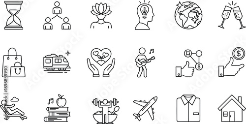 Outline icons set business lifestyle travel and personal growth