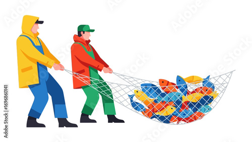 Fishermen Hauling Nets: A team of dedicated fishermen, embodying skill and teamwork, haul a heavily-laden net brimming with a colorful bounty of fresh fish.