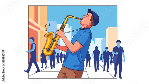 Street Musician Serenade: A captivating illustration of a street musician, skillfully playing the saxophone amidst the vibrant city atmosphere, enchants passersby with his melodic tunes.