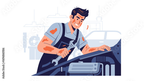 Expert Mechanic: The image is a illustration showing a skilled mechanic immersed in his craft, meticulously working on a car engine with a wrench in hand.