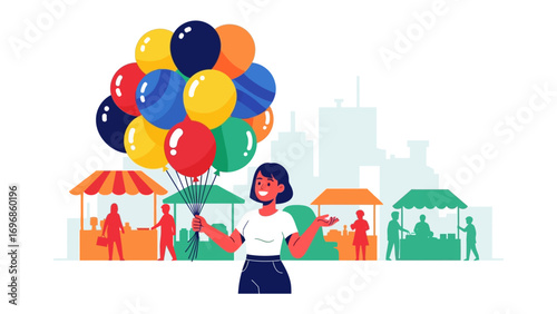 Joyful at the Fair: A vibrant illustration capturing a smiling person at a lively outdoor fair, balloons and festive atmosphere. 