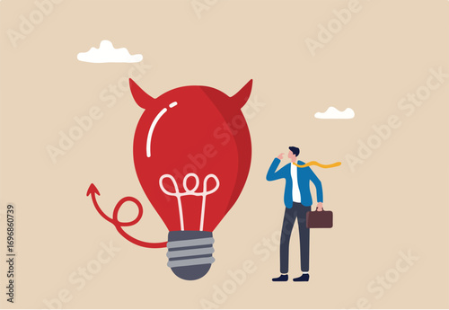Bad idea cause problem and failure, stupid mistake or poor idea, disappointment from rejected, evil and negative opinion concept, confused businessman looking at devil lightbulb doubting it bad idea. 