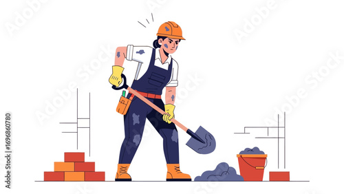 Construction Worker Digging: A determined construction worker, adorned in safety gear, diligently shovels dirt.