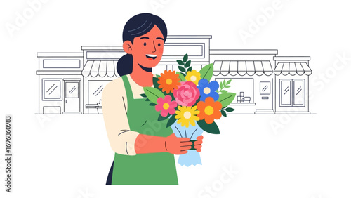 Floral Delivery: A joyful florist, beaming with pride, clutches a vibrant bouquet of colorful flowers in her hands, a symbol of freshness, love, and appreciation.