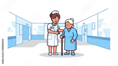 Nurse Assists Elderly Woman: A compassionate nurse supports an elderly woman, offering care and assistance within the structured environment of a healthcare facility.