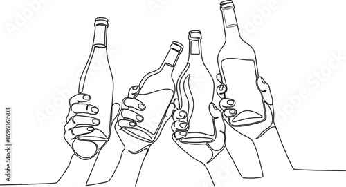 Continuous line drawing of hands toasting with wine bottles art