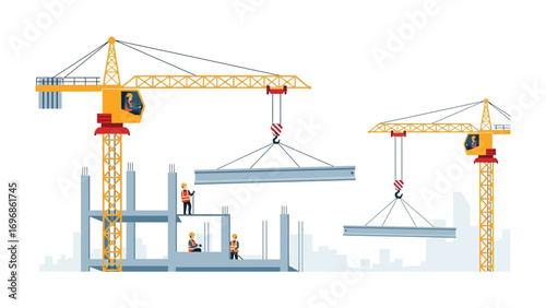 Construction Site Dynamics: A vibrant illustration of a bustling construction site, featuring towering cranes and workers diligently building the infrastructure for the future.