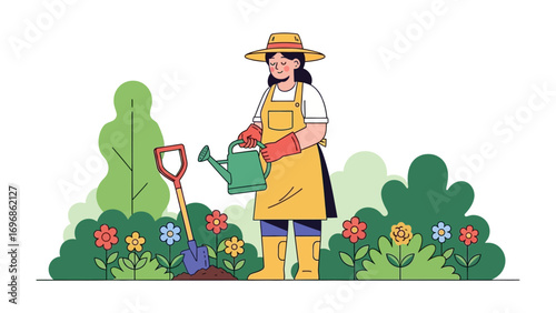 Cultivating Bloom: A Gardener's Delight: A dedicated gardener tends a vibrant garden, watering flowers, demonstrating the care and beauty of nature.