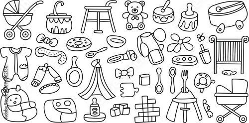 Adorable Baby Themed Doodle Icons With Stroller Crib and Clothing drawing cute
