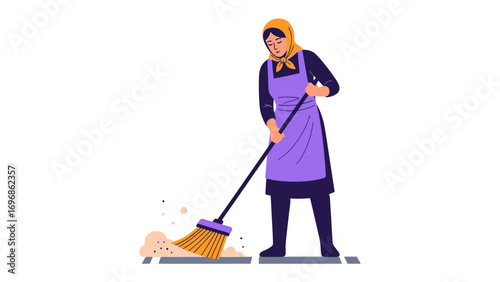 Sweeping the Floor: A graphic illustration depicting a woman diligently sweeping a floor, her focus unwavering, creating a sense of order. 