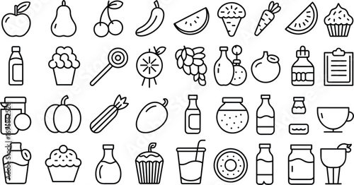 Assorted food and drink icons including fruits vegetables cupcakes and bottles apple