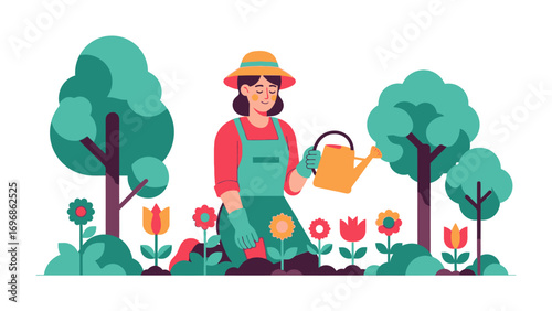 A Blooming Day in the Garden: A graphic illustration of a cheerful gardener tending to vibrant flowers, creating a scene of growth, nature, and hobbyist enjoyment.