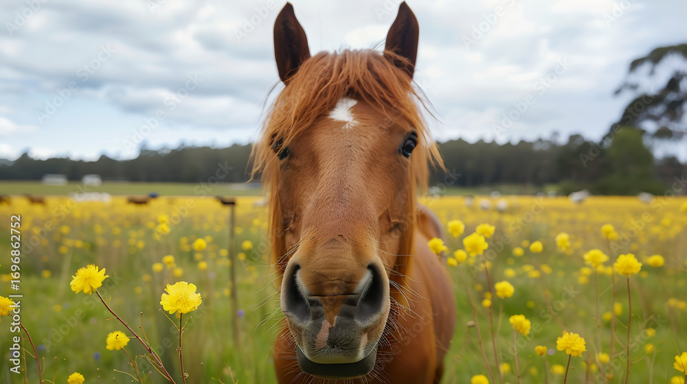 Fototapeta premium Adorable horse portrait in a vibrant wildflower field, exuding rural charm and warmth