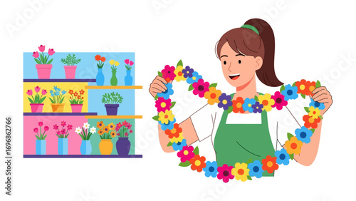 A floral arrangement of a woman: A floral artist displays a heart-shaped arrangement with a display of flowers. showcasing the harmony between design and the beauty of blossoms.