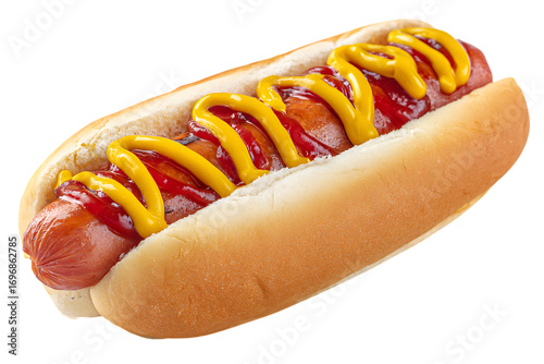 Hot dog with mustard and ketchup - classic fast food on white background. 