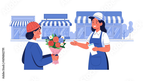 Floral Exchange: A flower shop scene of a smiling worker handing a fresh bouquet to a customer, the backdrop of a charming high street.