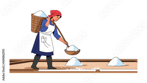Salt Worker's Task: A worker performs an arduous manual labor of piling harvested salt into a mound.