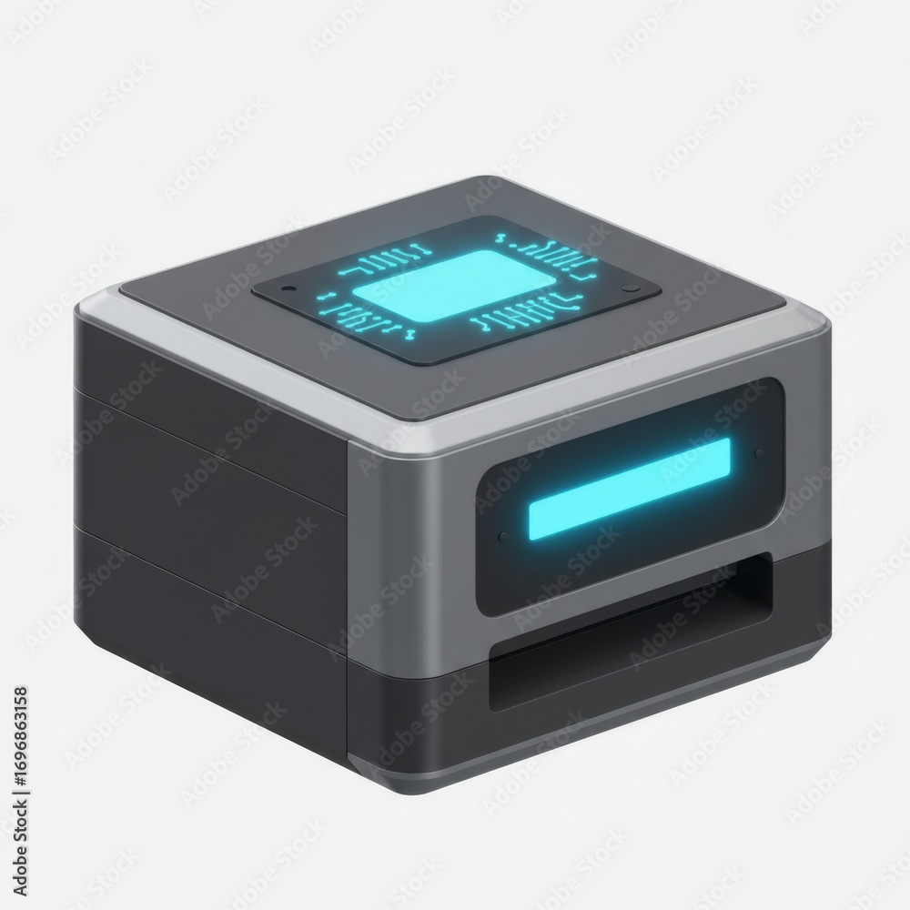 Fototapeta premium Isometric Render of a Gray Cube Computer Device with Blue Light on a White Background
