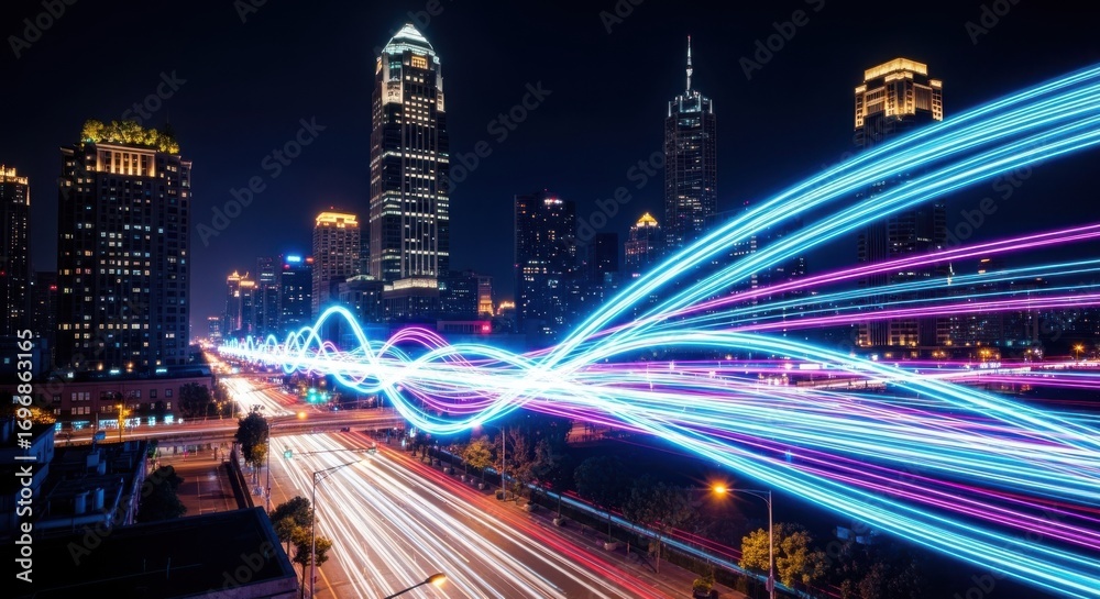 Obraz premium Futuristic light trails over city highway at night, digital data motion in smart city, neon blue and purple fiber optic speed lines across urban skyline