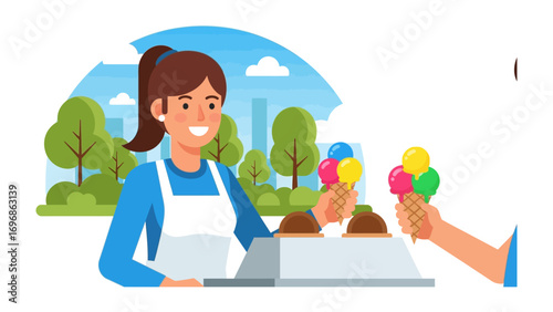 Delightful Ice Cream Treat: A friendly ice cream vendor hands over a colorful scoop of pure deliciousness to a happy customer, this picture is full of fun!