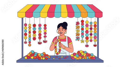 Artisan's Garland Craft: Capturing the artisanal spirit of a local vendor crafting and showcasing vibrant flower garlands with a colorful awning, celebrating a sense of cultural heritage and beauty.