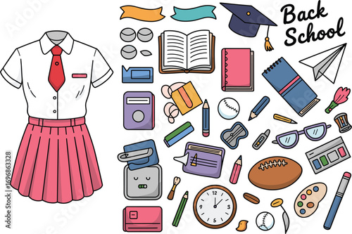 Back to school doodle icons and elements with uniform education shirt