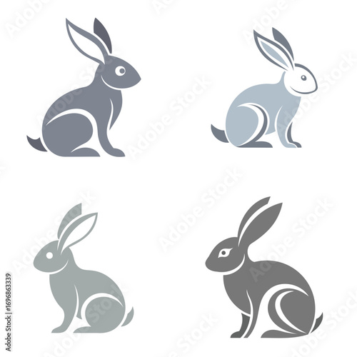 Four stylized rabbits in different shades of gray and purple
