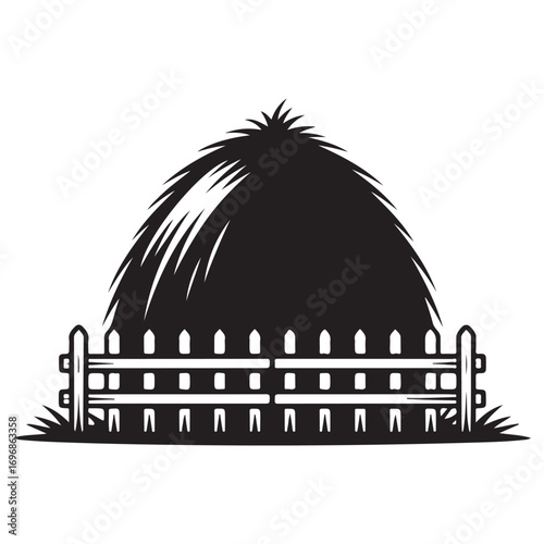 Rustic silhouette of a large haystack behind a wooden picket fence with grass detail
