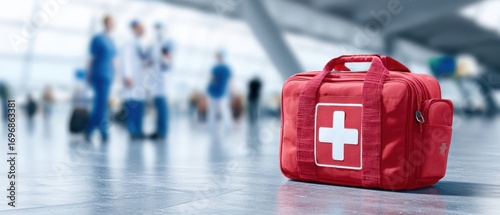 The first aid bag left on shiny airport floor with medical team in background