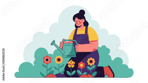 Cultivating Serenity: An illustration of a woman tending her flourishing flower garden, gracefully watering vibrant blossoms under a serene sky.