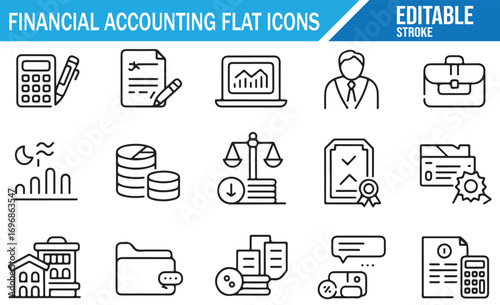 Vector outline pack of money, calculator, scales, and contract icons