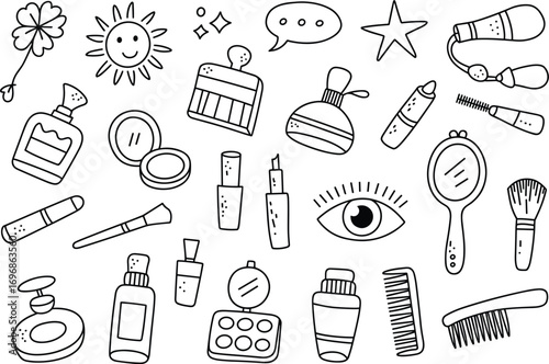 Beauty and makeup doodle elements with cosmetic items lipstick mascara