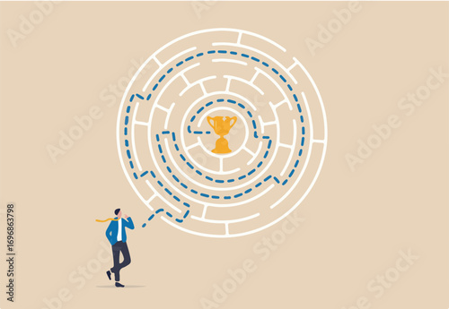 Path to success, challenge to find the way to achieve target or goal and win trophy, solve problem or business decision concept, contemplation businessman finding the way in labyrinth to reach target.