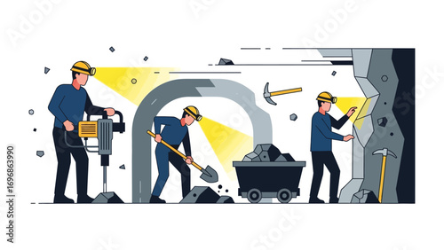 Mining Activity: A scene depicting miners engaged in various stages of mining, from drilling to extracting materials, showcasing industry and hard work.